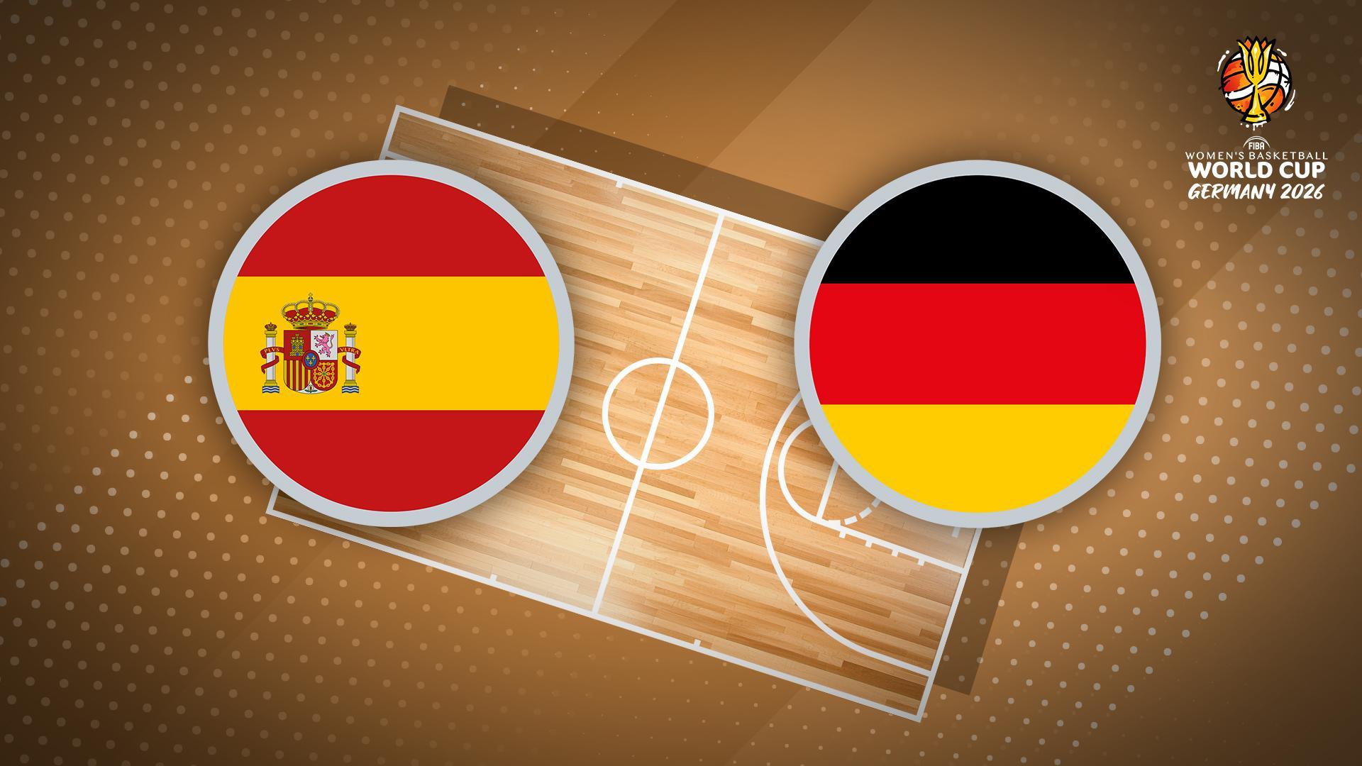 Werbegrafik für die Frauen Basketball-WM mit den Flaggen Spanien und Deutschland.