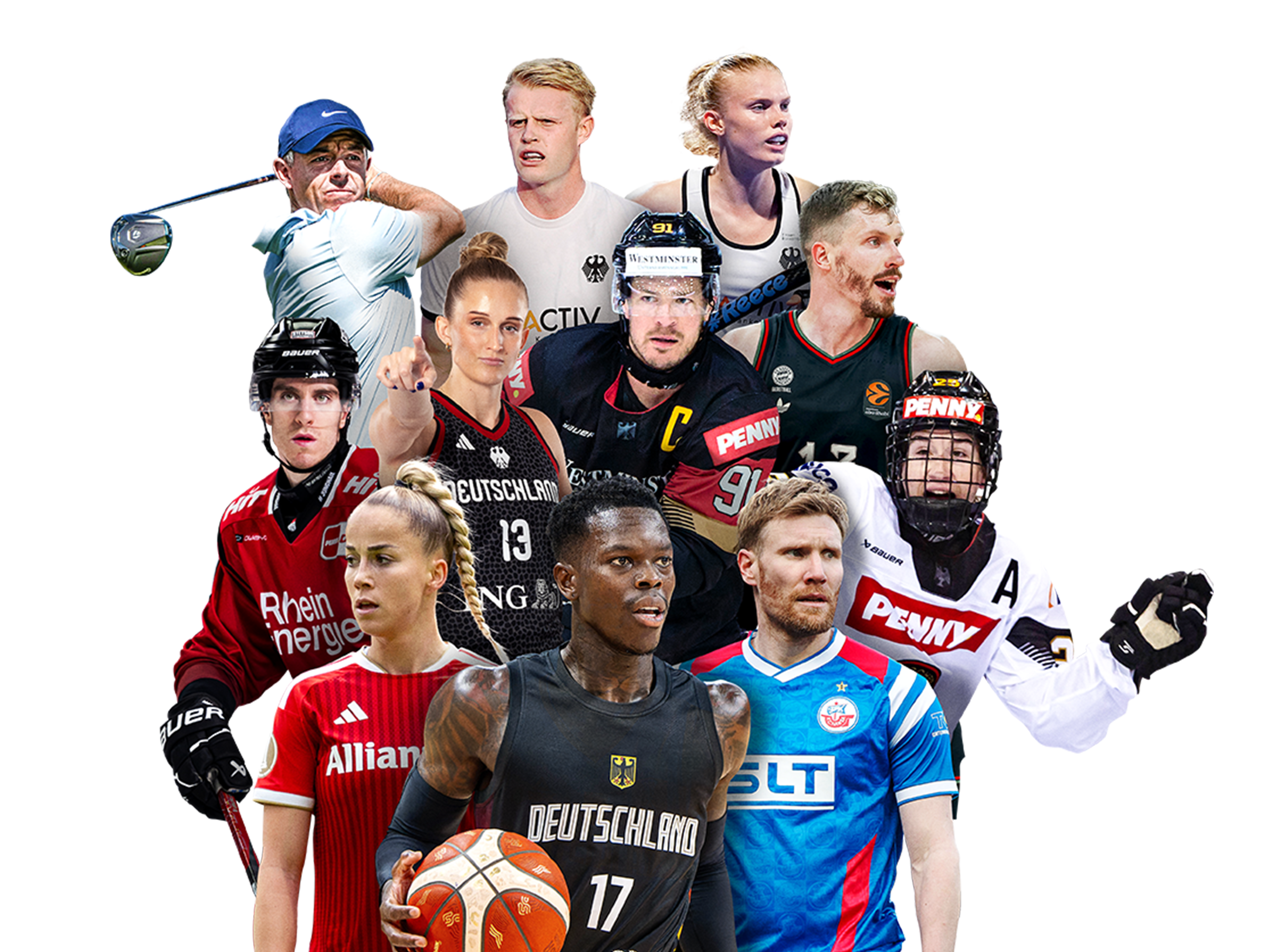 Motiv mit Spielern und Spielerinnen aus den verschiedenen Sportarten und Ligen bei MagentaSport.