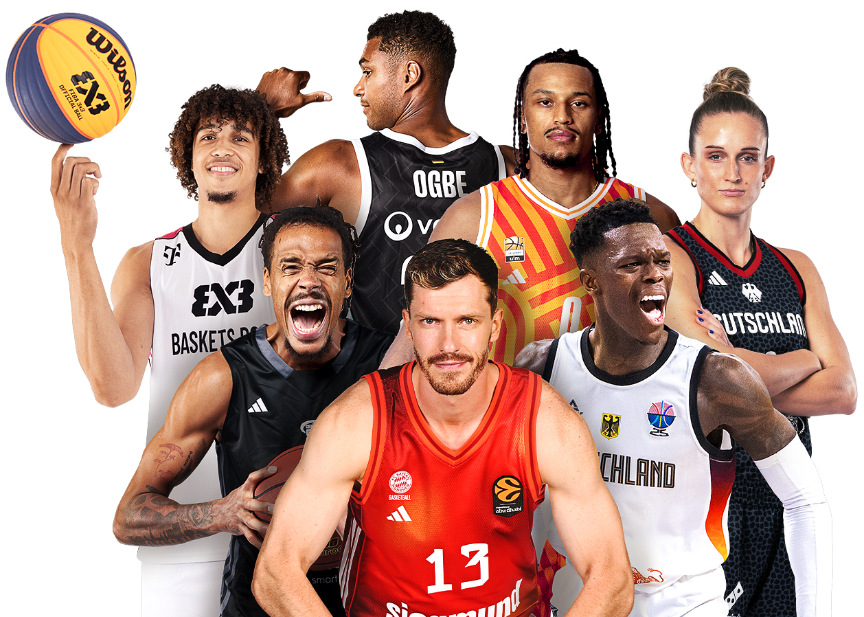 Werbemotiv mit Spieler und Spielerinnen der unterschiedlichen basketball-Wettbewerbe bei MagentaSport.