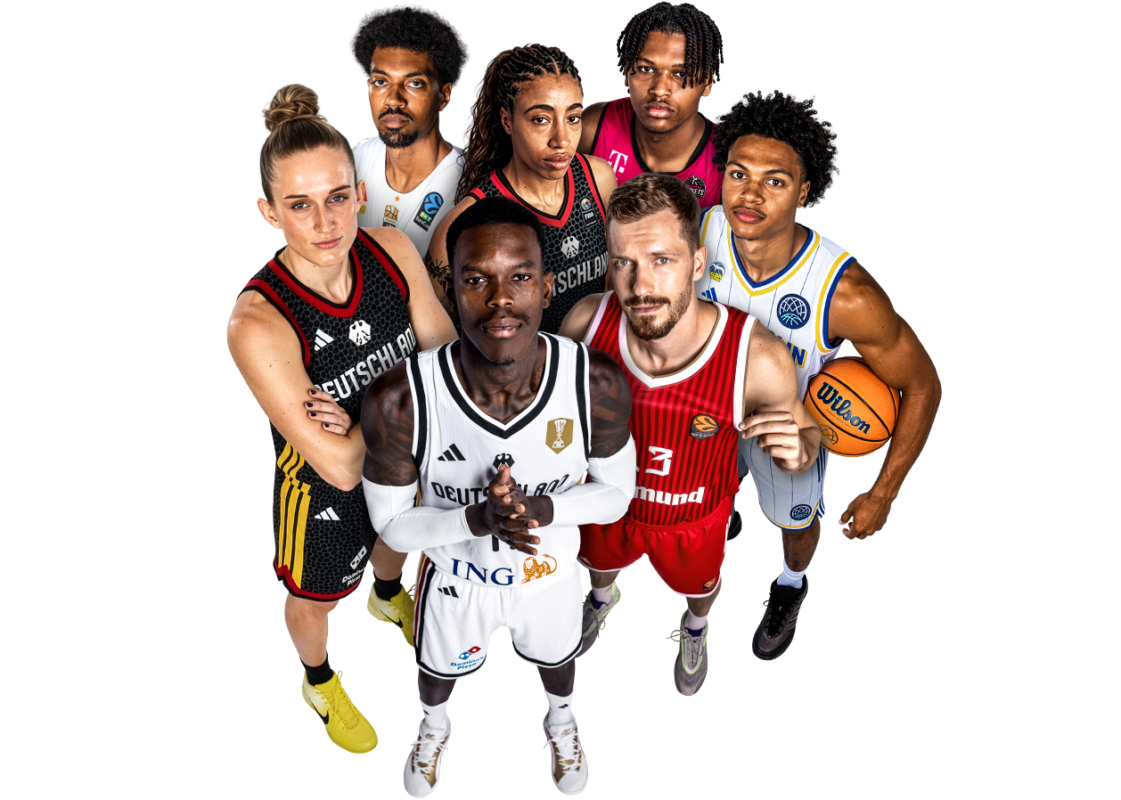 Werbemotiv mit Spielerinnen und Spielern der unterschiedlichen basketball-Wettbewerbe bei MagentaSport.
