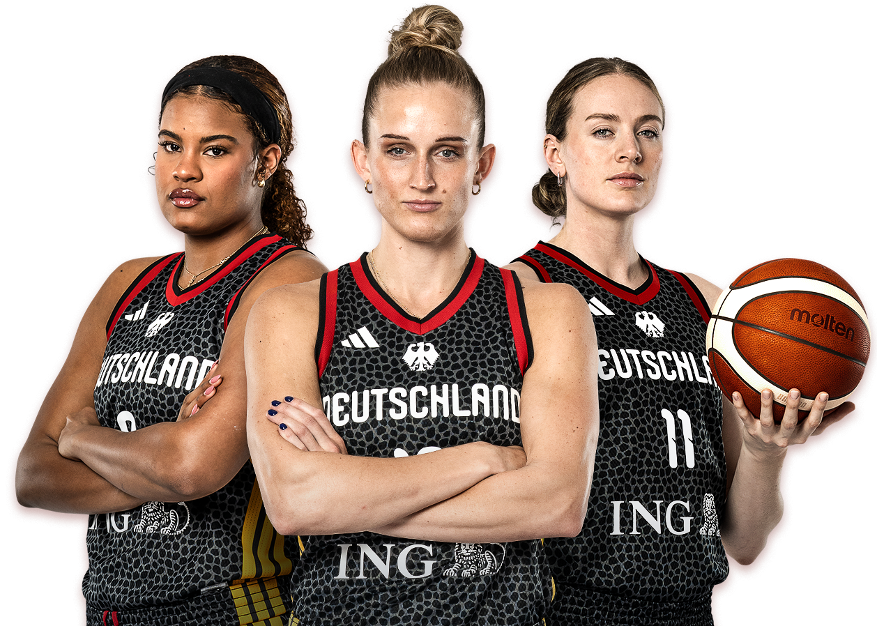 Werbegrafik mit zwei Spielern und einer Spielerin der 3x3-Nationalmannschaften.