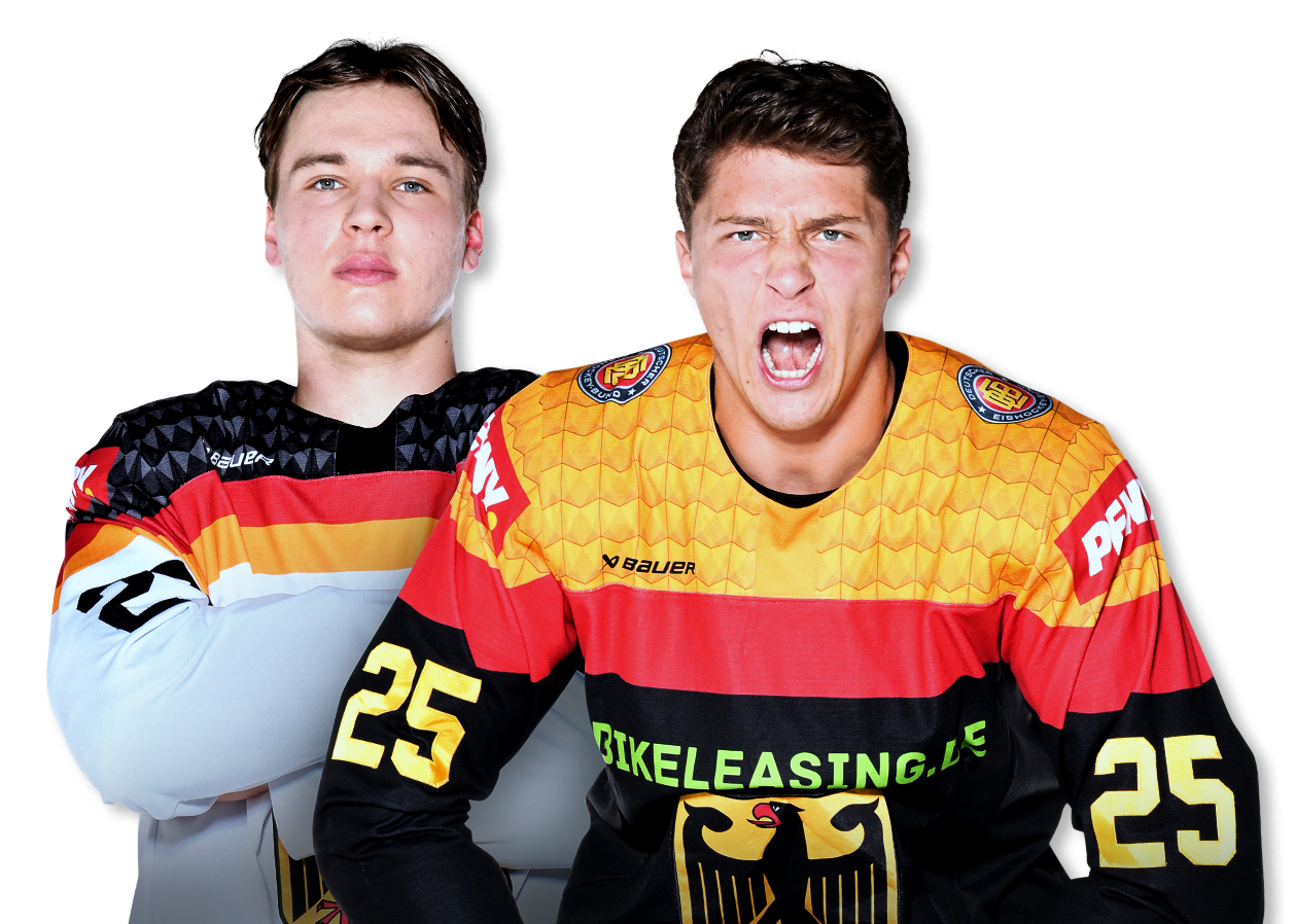 Zwei Spieler der deutschen U20-Nationalmannschaft blicken fokussiert in die Kamera.