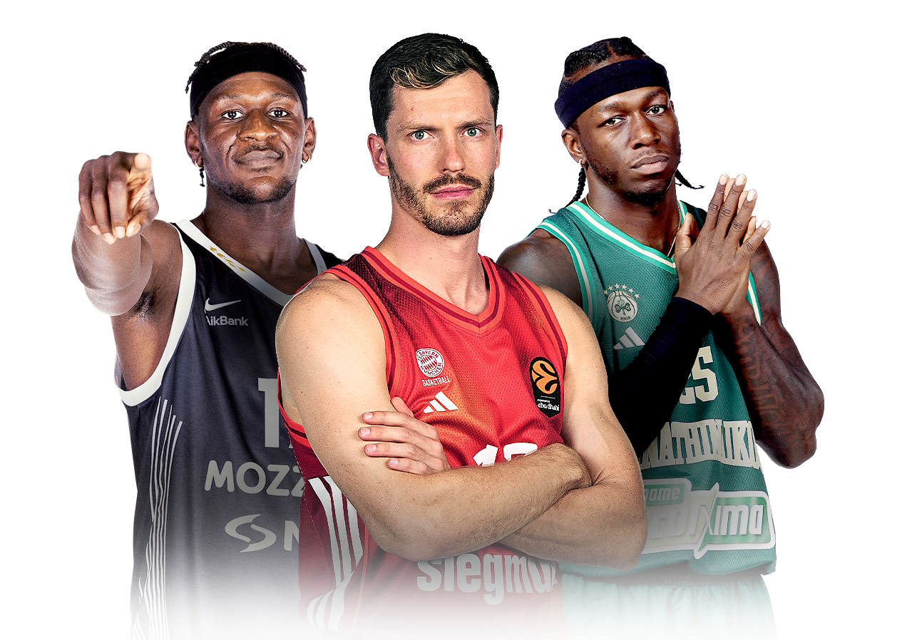 Drei Spieler aus der EuroLeague blicken fokussiert in die Kamera.
