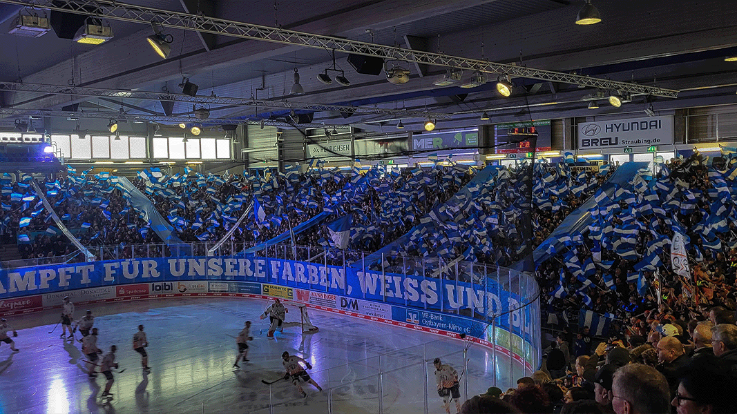 Bild aus dem Eisstadion am Pulverturm während einem Spiel. Die Fans zeigen eine große Choreo in den Vereinsfarben über die gesamte Fankurve.