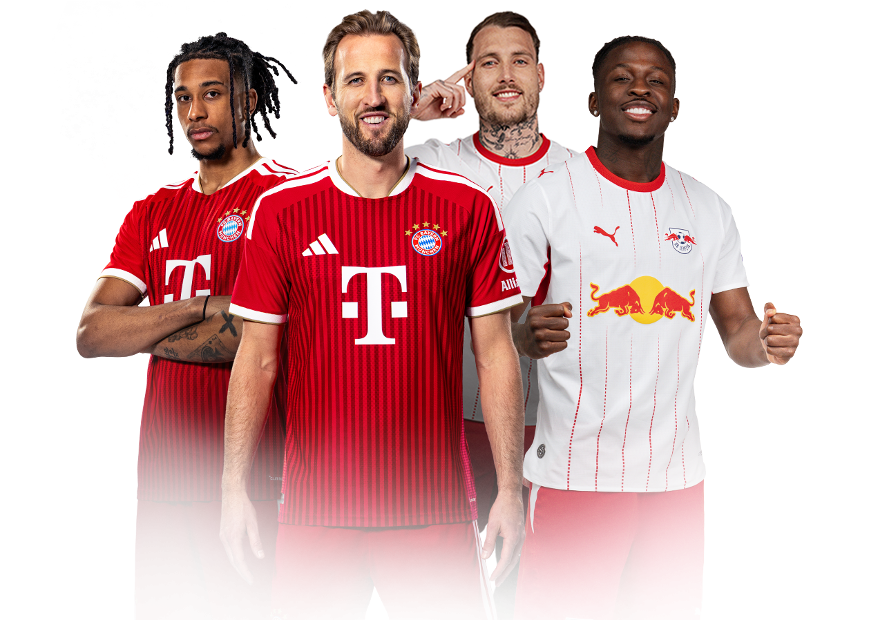 Werbegrafik mit den Spielern Kimmich, Kane und Olise.