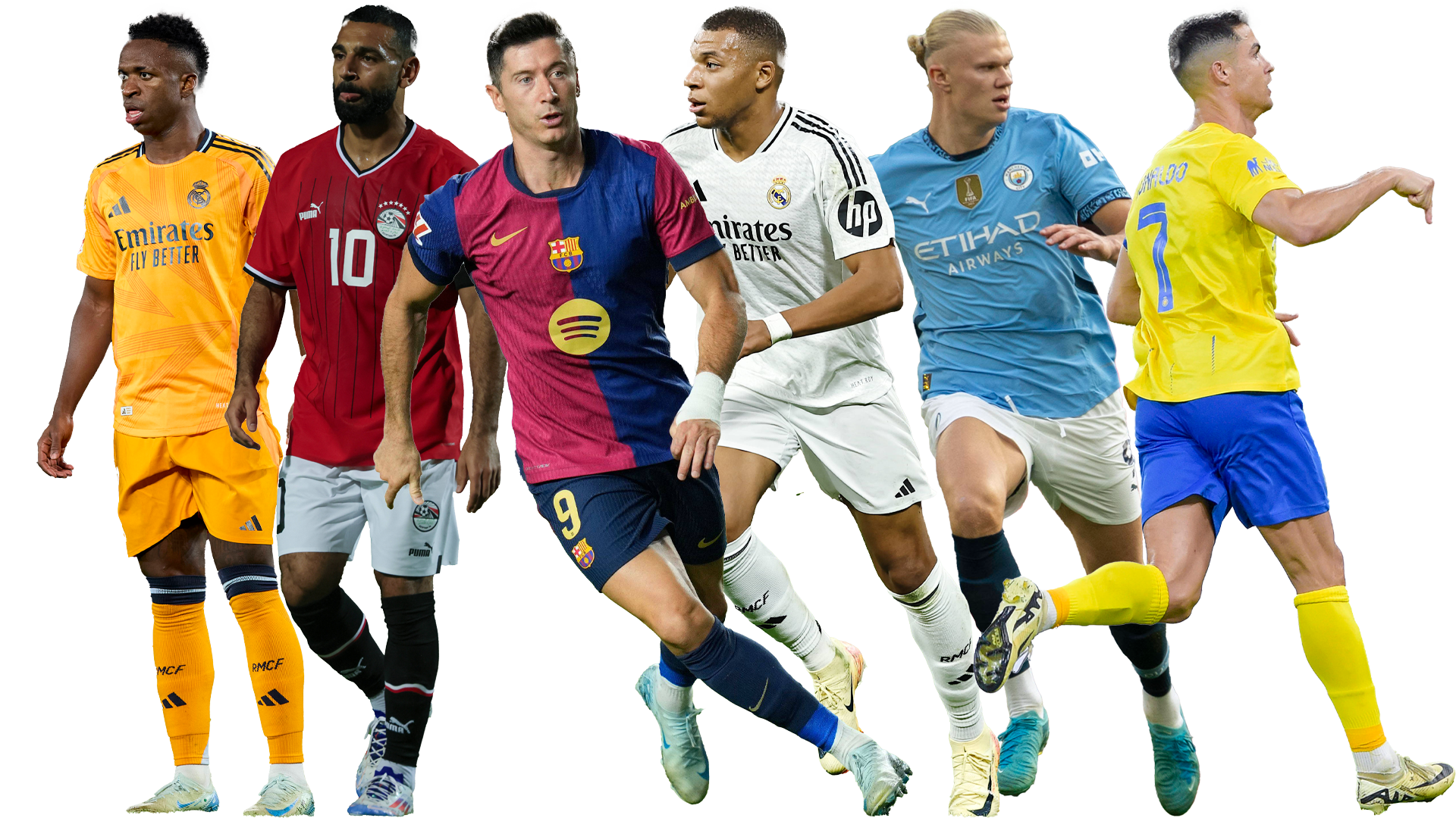 Motiv mit verschiedenen Spielern, die bei Sportdigital FUSSBALL zu sehen sind: Vinicius Jr., Mohammed Salah, Robert Lewandowski, Kylian Mbappe, Erling Haaland und Cristiano Ronaldo.