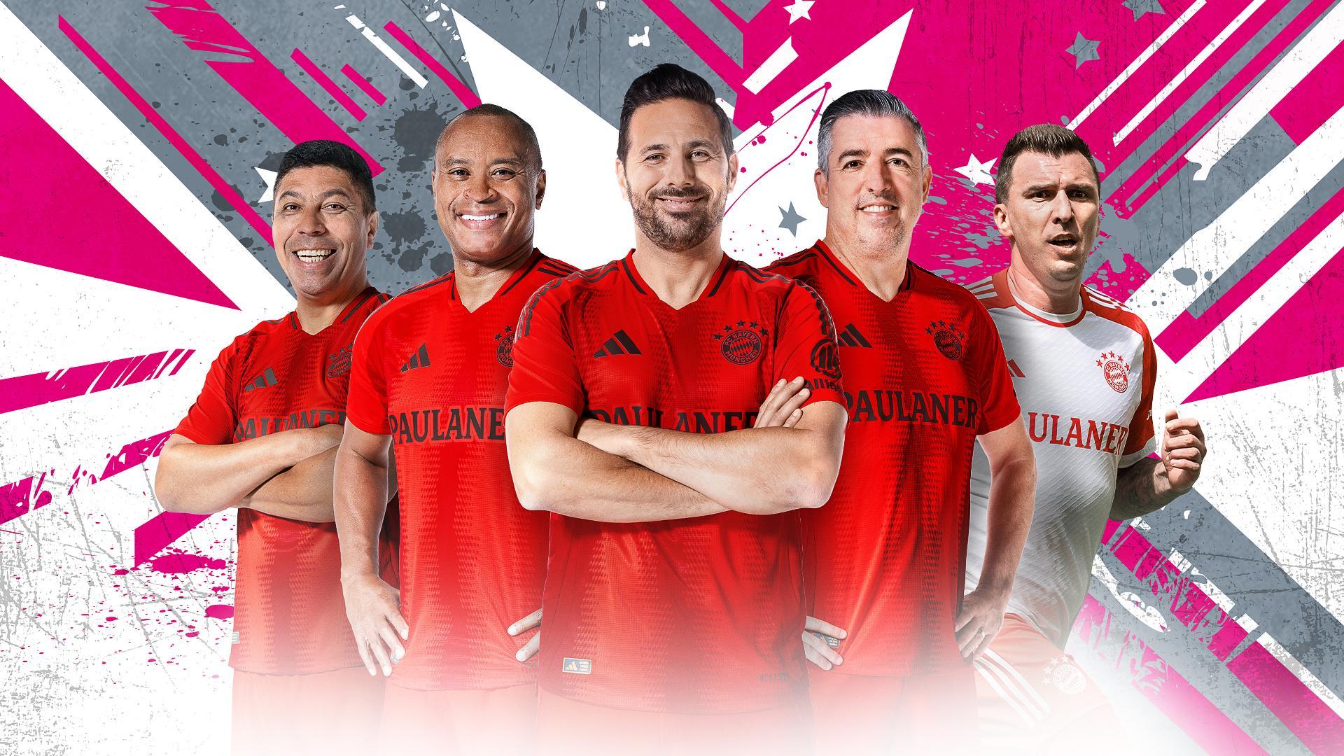 Fünf Spieler der FC Bayern Legends schauen fokussiert in die Kamera.