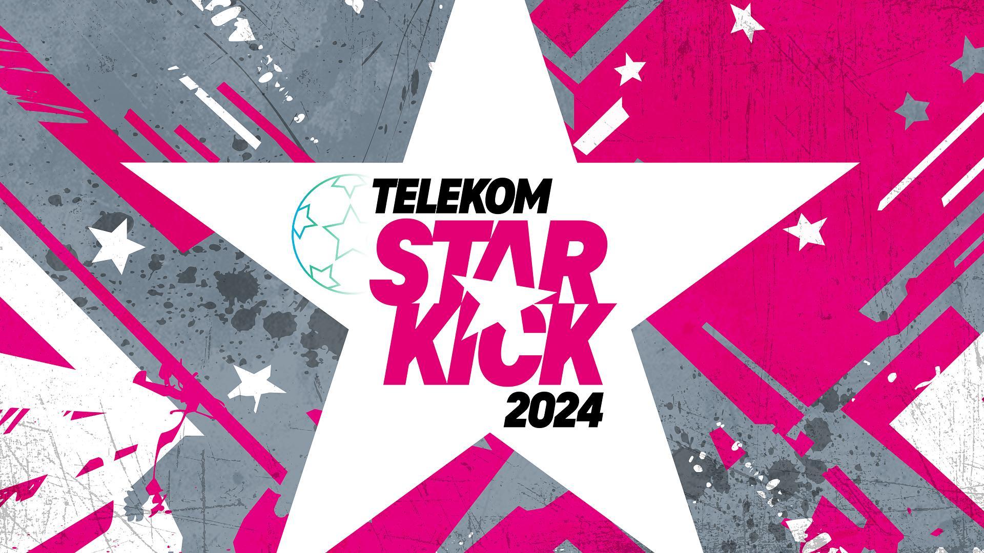 Werbegrafik für das Event "Telekom Starkick" in Bonn. Die Grafik zeigt das Logo des Events auf einem dynamischen Hintergrund in Grau, Magenta und Weiß mit Sternen.