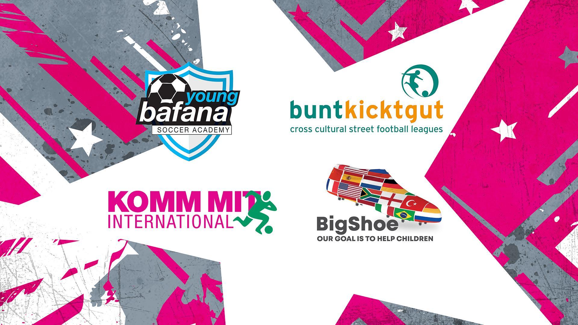 Werbegrafik für den Telekom Starkick mit den Logos der Charity-Organisationen, an welche der Erlös gespendet wird.