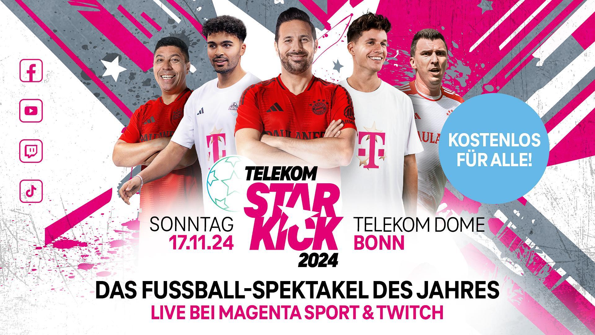 Werbegrafik für das Event "Telekom Star Kick 2024" mit fünf prominenten Teilnehmern in Fußballtrikots. In der Mitte steht der Titel des Events in pink-schwarzer Schrift, darunter: „Das Fußball-Spektakel des Jahres – live bei Magenta Sport & Twitch“. Links stehen Logos der sozialen Medien Facebook, YouTube, Twitch und TikTok. Rechts ein blauer Kreis mit der Aufschrift „Kostenlos für alle!“. Das Event findet am Sonntag, 17.11.2024 im Telekom Dome in Bonn statt. Der Hintergrund ist dynamisch gestaltet in Grau, Weiß und Magenta mit Sternen und Farbspritzern.