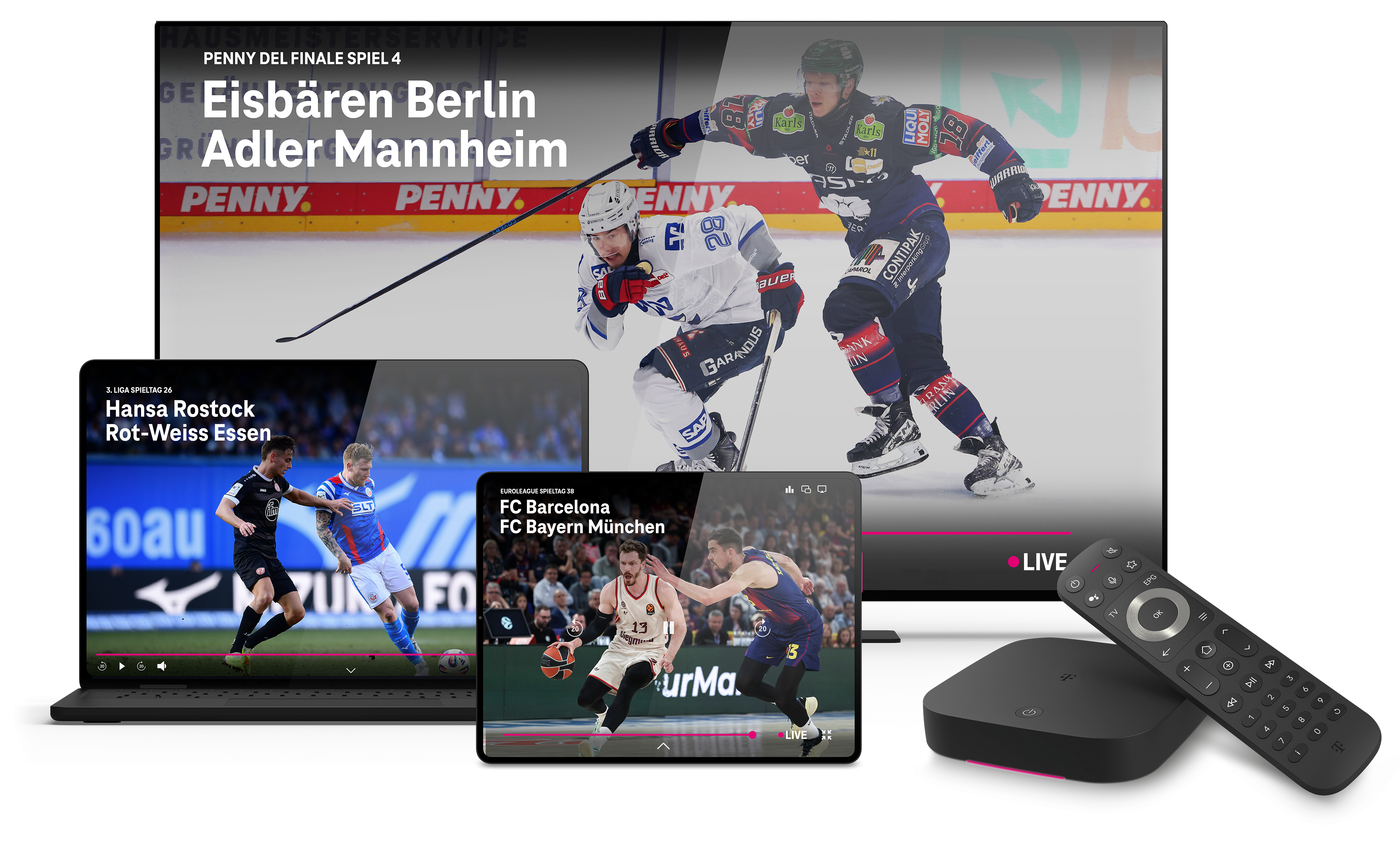 Auf einem Laptop, Tablet und Fernsehen laufen Sportübertragungen von MagentaSport, daneben liegt eine Fernbedienung.