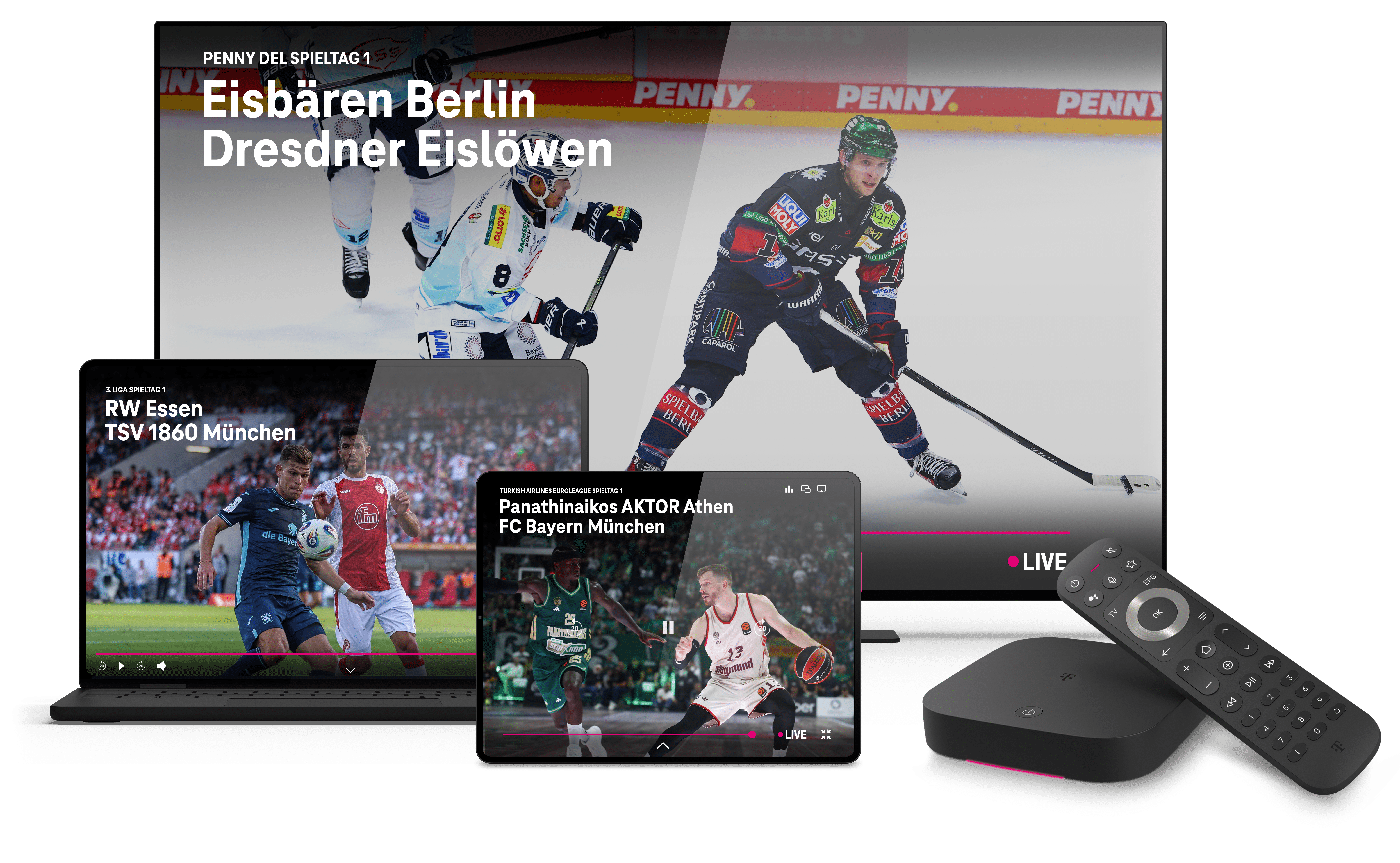 Auf einem Laptop, Tablet und Fernsehen laufen Sportübertragungen von MagentaSport, daneben liegt eine Fernbedienung.